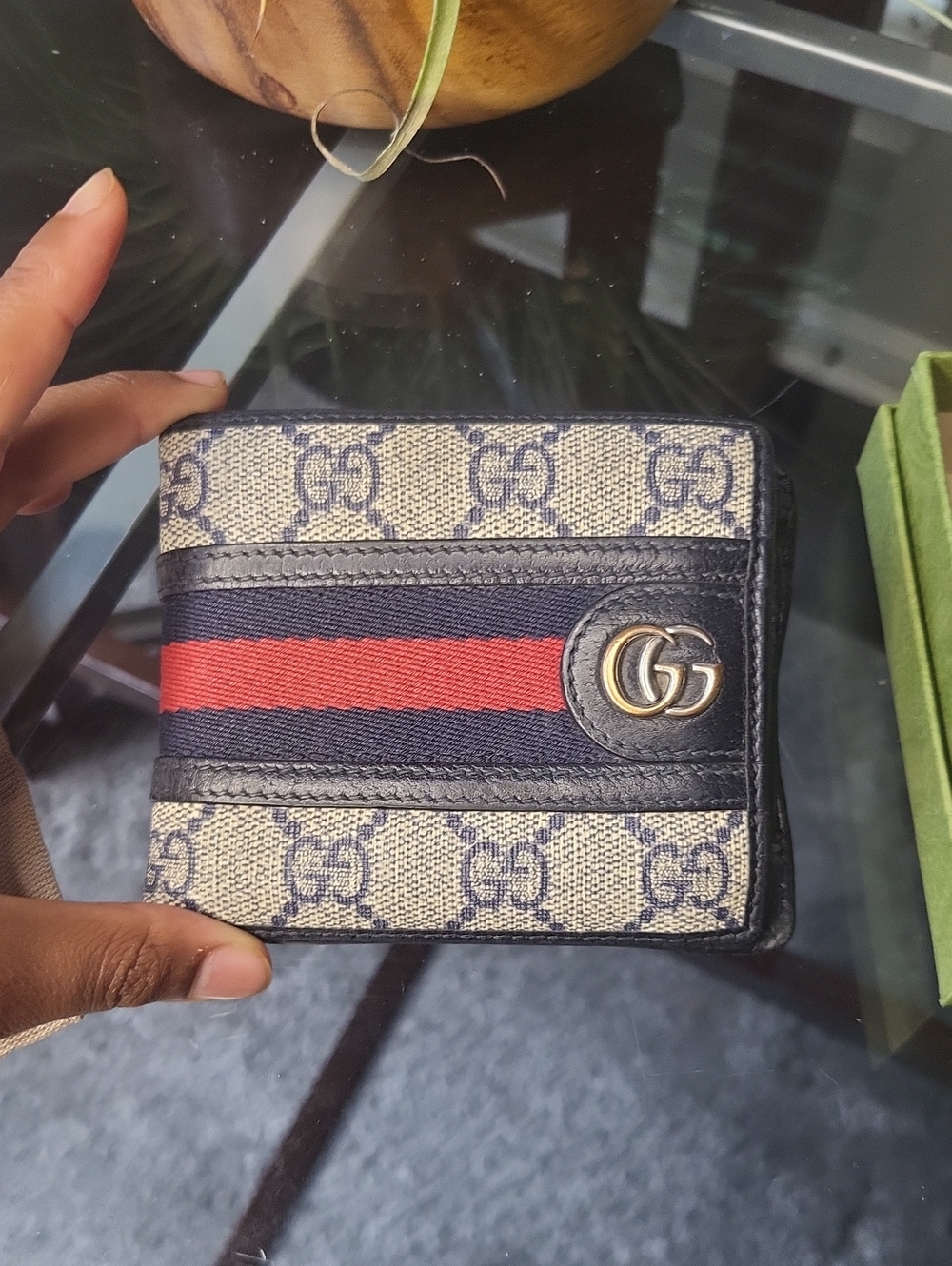 Gucci Beige GG Canvas Card Holder with Navy & Red Stripe